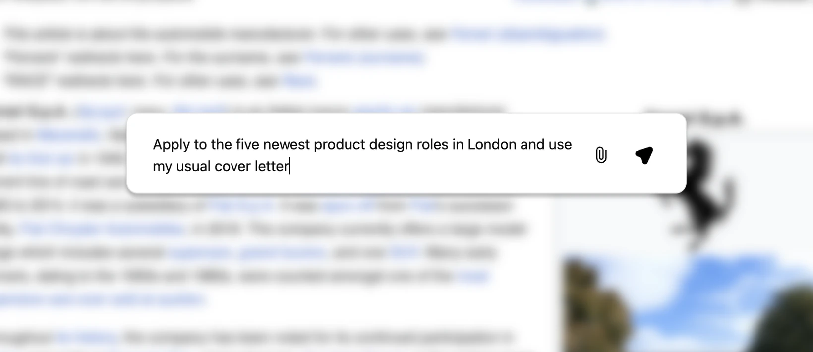 Relay’s launcher open over a web page, with the instruction “Apply to the five newest product design roles in London and use my usual cover letter” typed into it
