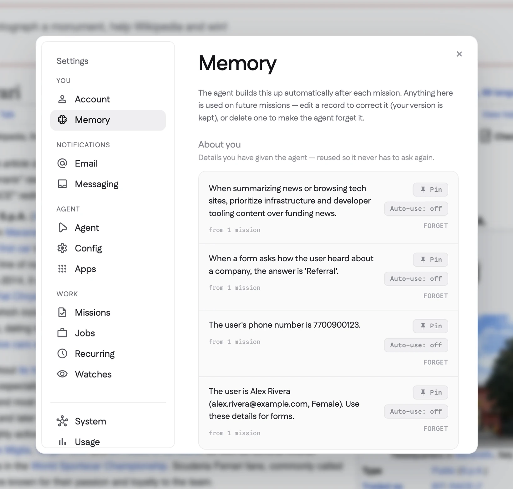 Relay’s Memory settings, showing facts the agent recorded after past missions, each with a Pin and Forget control