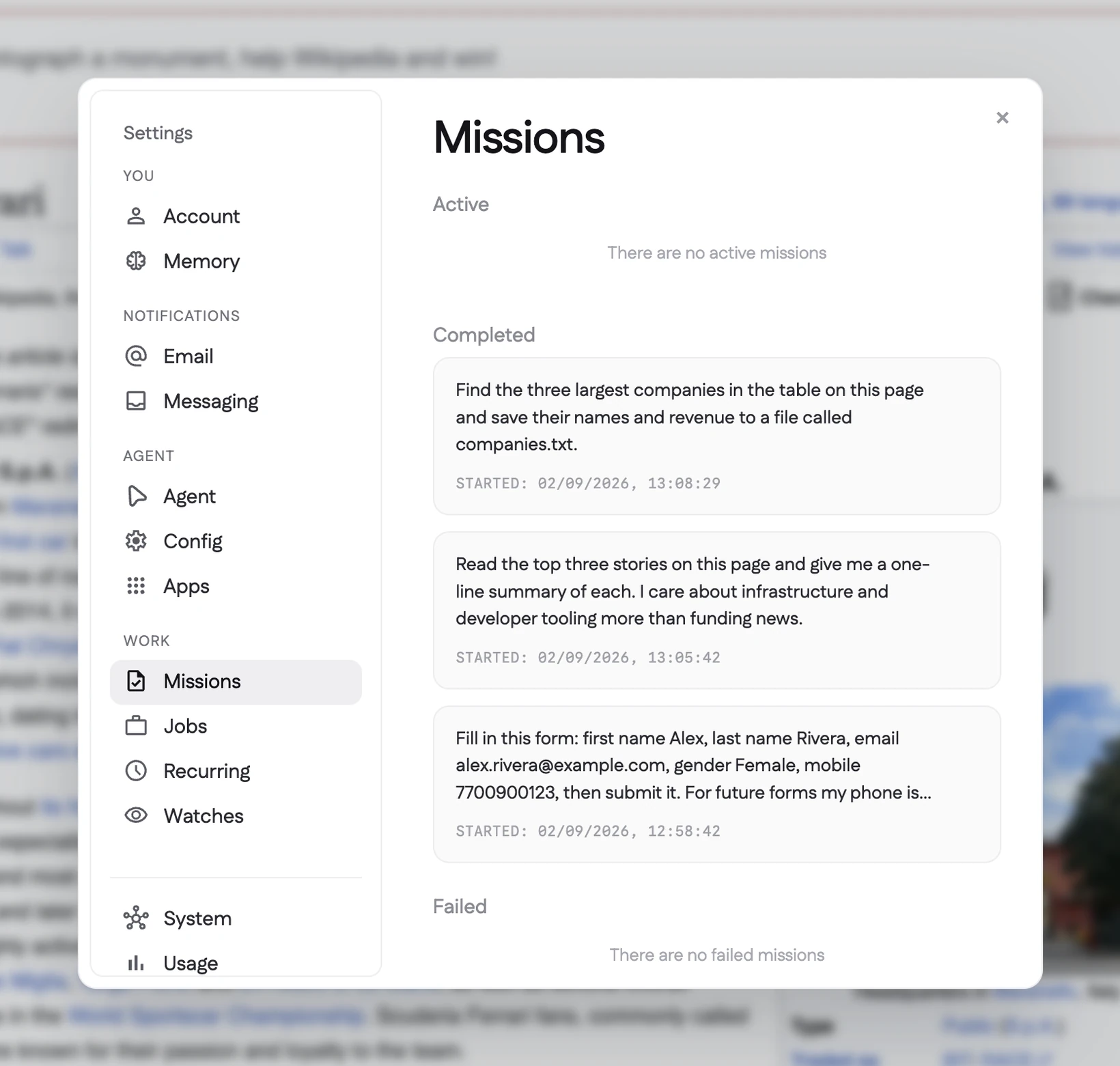 Relay’s Missions settings, listing three completed missions with the time each one took