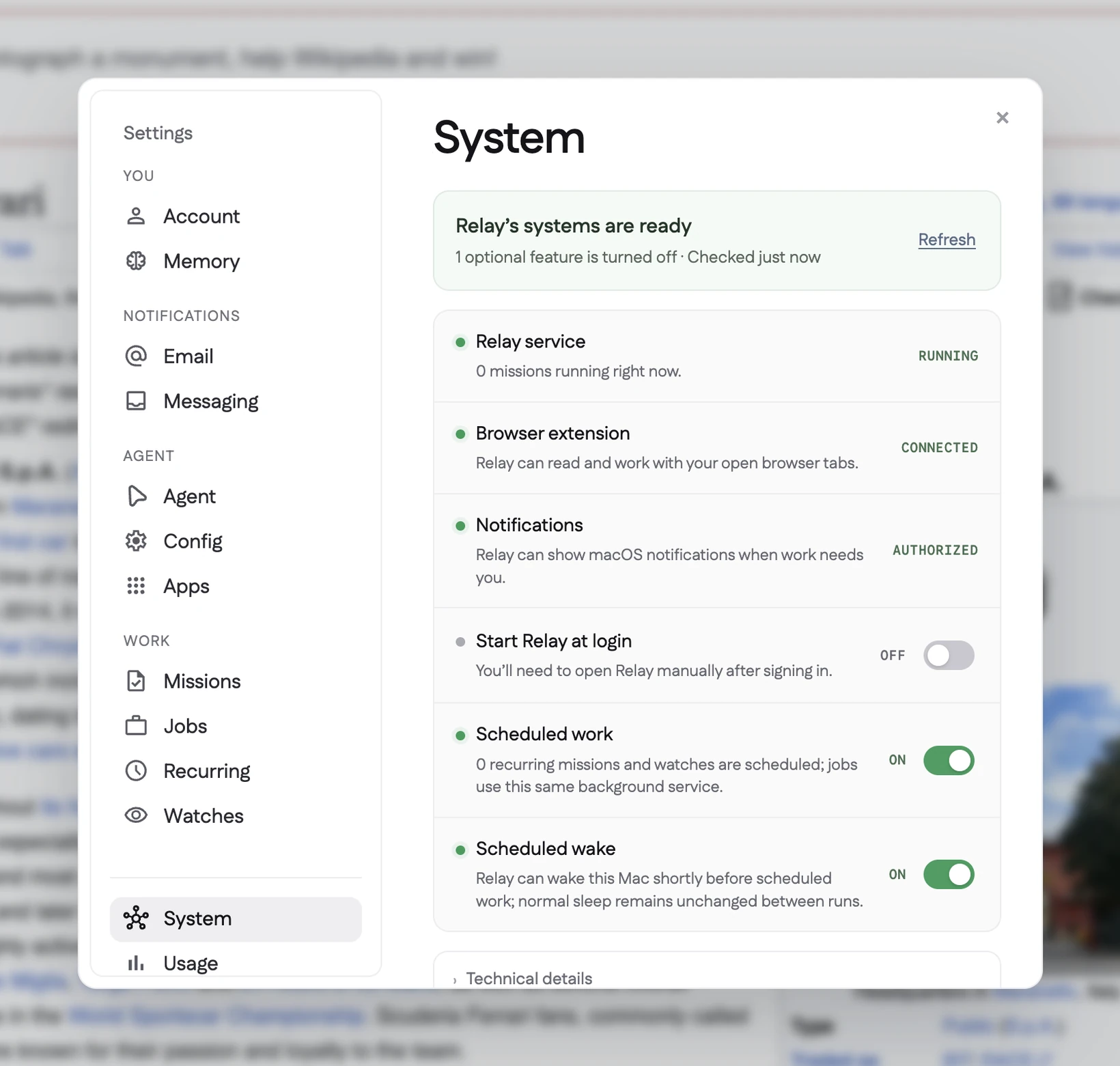 Relay’s System settings, showing the service, browser extension and notification status on this Mac