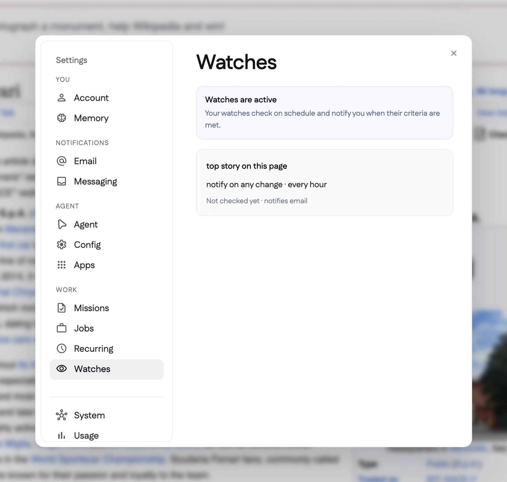 Relay’s Watches settings, showing a watch on the top story of a page that notifies on any change, every hour